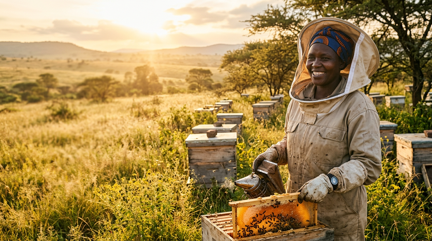 A Kenyan beekeeper in a golden field